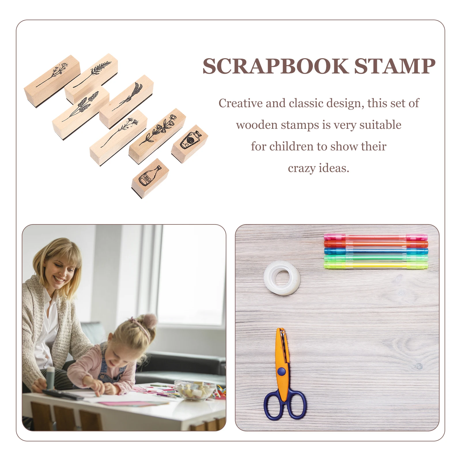 

Wooden H Stamps Set Durable Scrapbook Diy Tool Safe Craft Scrapbook Vase Cards Kids DIY Art Plant Seal Tools Storage