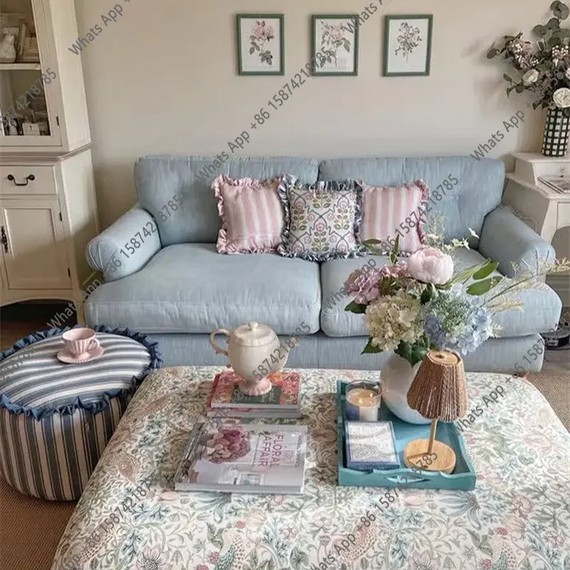 C French Vintage Sea Blue Cotton And Linen Fabric Three-person Sofa American Pull-button Mid-century Cream Style Home Living Roo