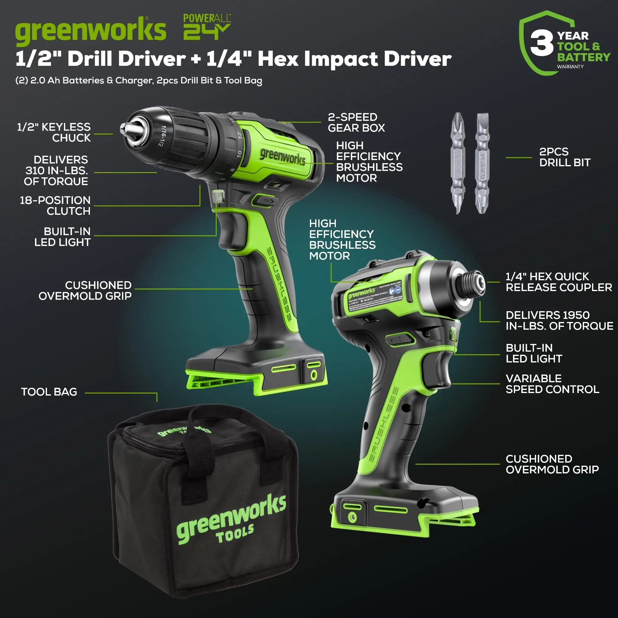 Greenworks 24V MAX Cordless Brushless Drill & Impact Driver Combo Kit, Electric Drill Set, High Torque, Lightweight