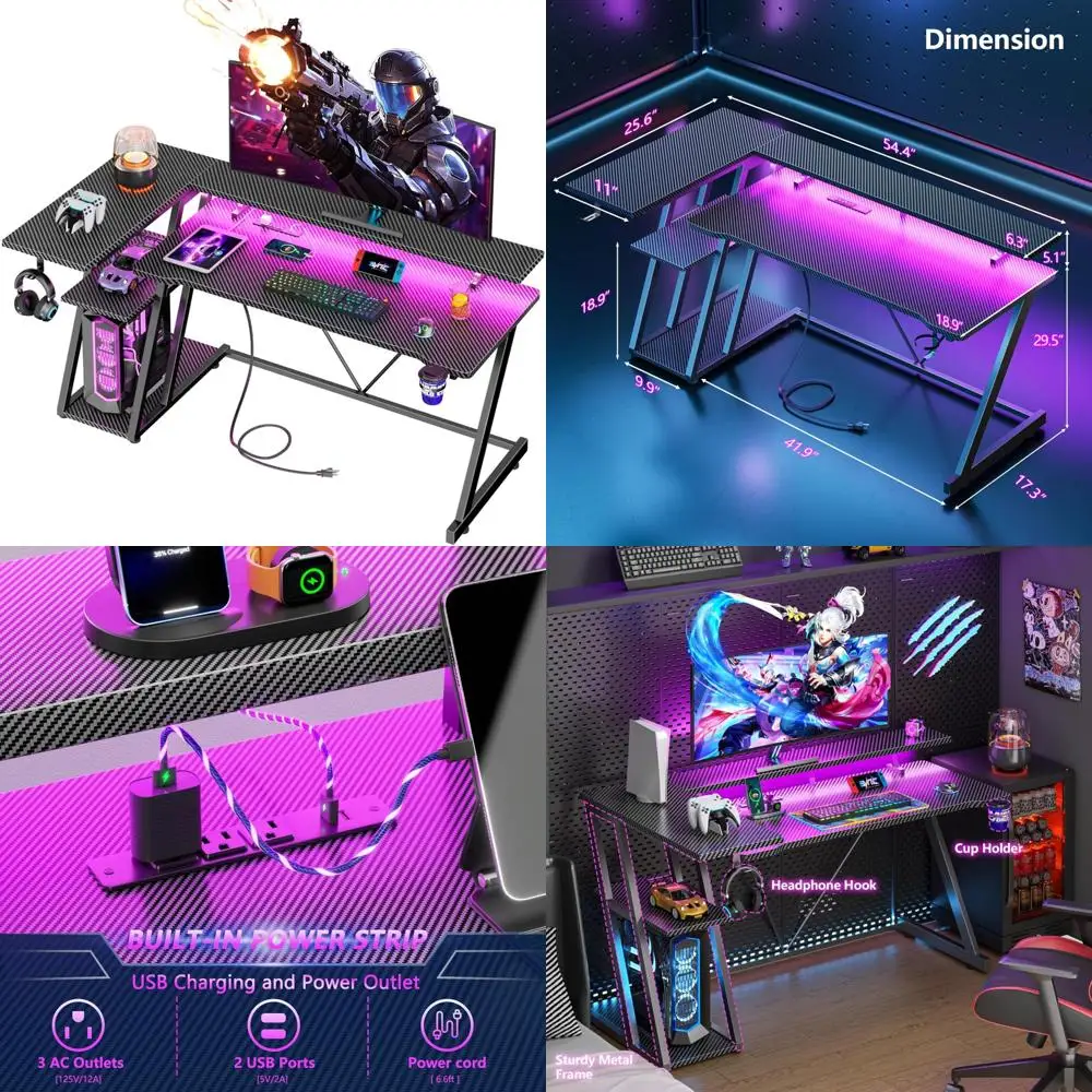 

L-Shaped 55 Inch Gaming Desk with LED Lights and Power Outlet, Storage Shelves for Corner Home Office