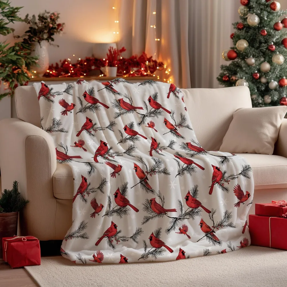 

Cozy Cardinal Bird and Pine Cone Flannel Blanket, Plush Fleece Throw for Sofa, Couch, and Bed