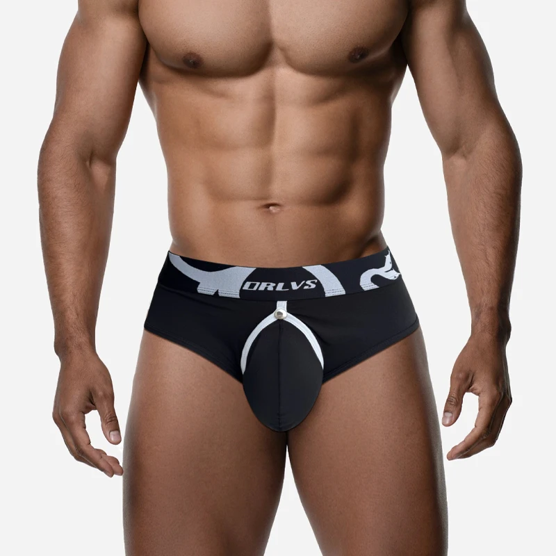 Men's Sexy Black Ice Silk Briefs, Detachable Pouch Breathable Underwear, Snake Print Waistband Daily Trunks for Men