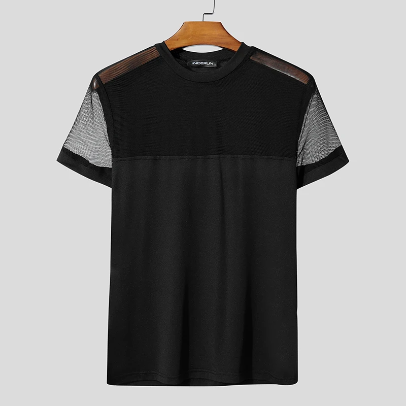 INCERUN Men Mesh Patchwork T-Shirt Black M 3