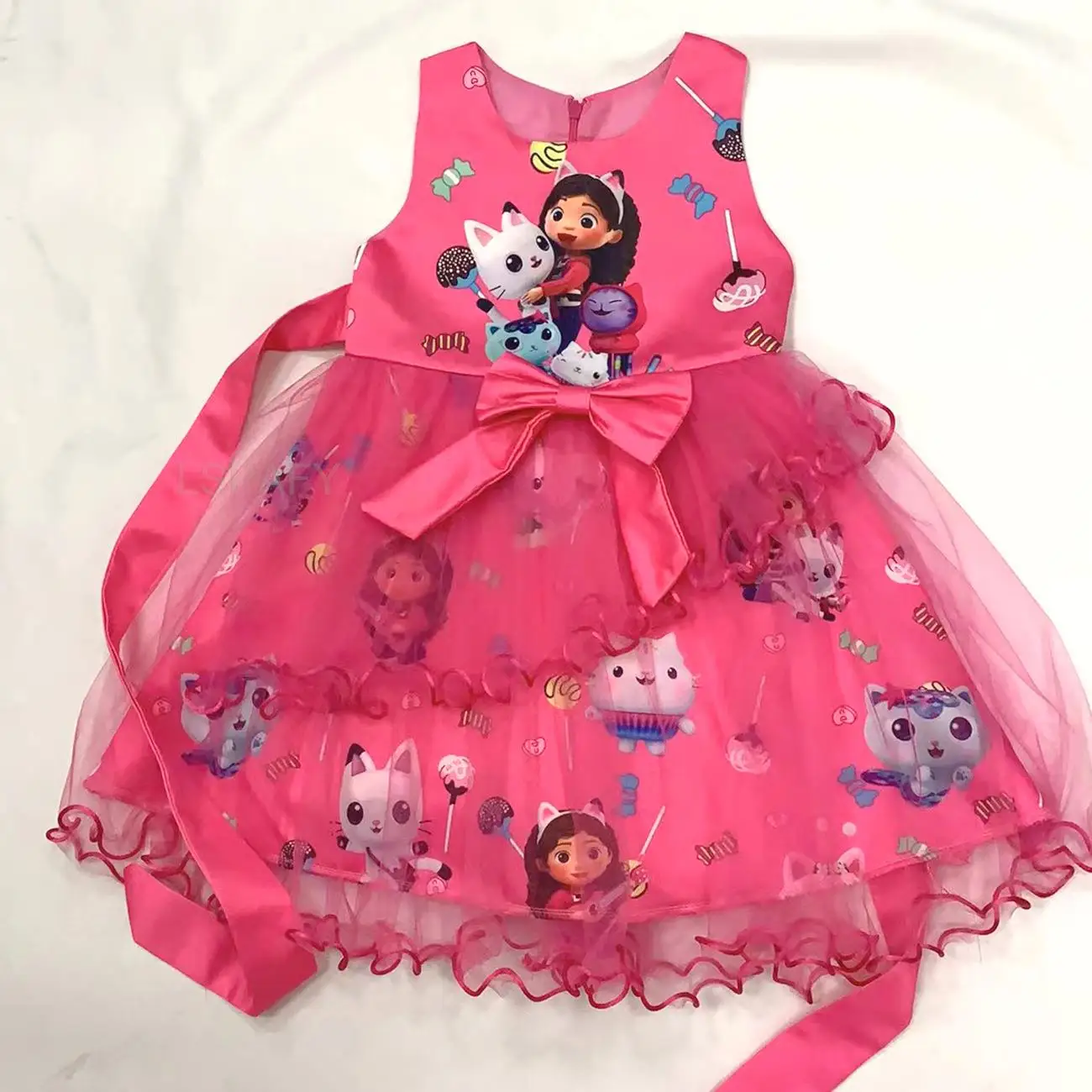 Gabby\'s Dollhouse Clothes Baby Girl Sleeveless Gown Dresses Kids Gabby Cat Cartoon Wedding Party Princess Vestidoes for Girls