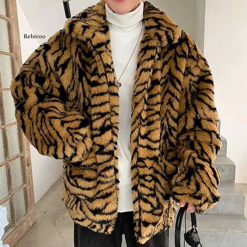 

Faux Fur Coat For Men Turn-down Collar Tiger Leopard Imitate Fur Jacket Thick Winter Warm Fluffy Plush Loose Jumper Outwear