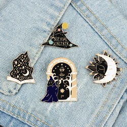 Gothic Black Witch Hat Book Brooches Punk Magical Potion Door Fire Sun Moon Lapel Pins Cool Backpack Jewelry Enamel Badges Gifts
