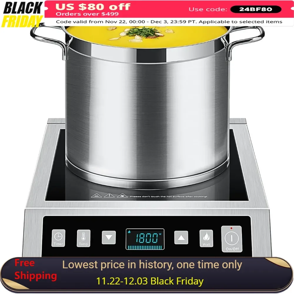 Electric Induction Cooker, 1800W Countertop Stove Burner, 3 Hours Timer, 8 Temperature Power Levels, Induction Cooker Commercial