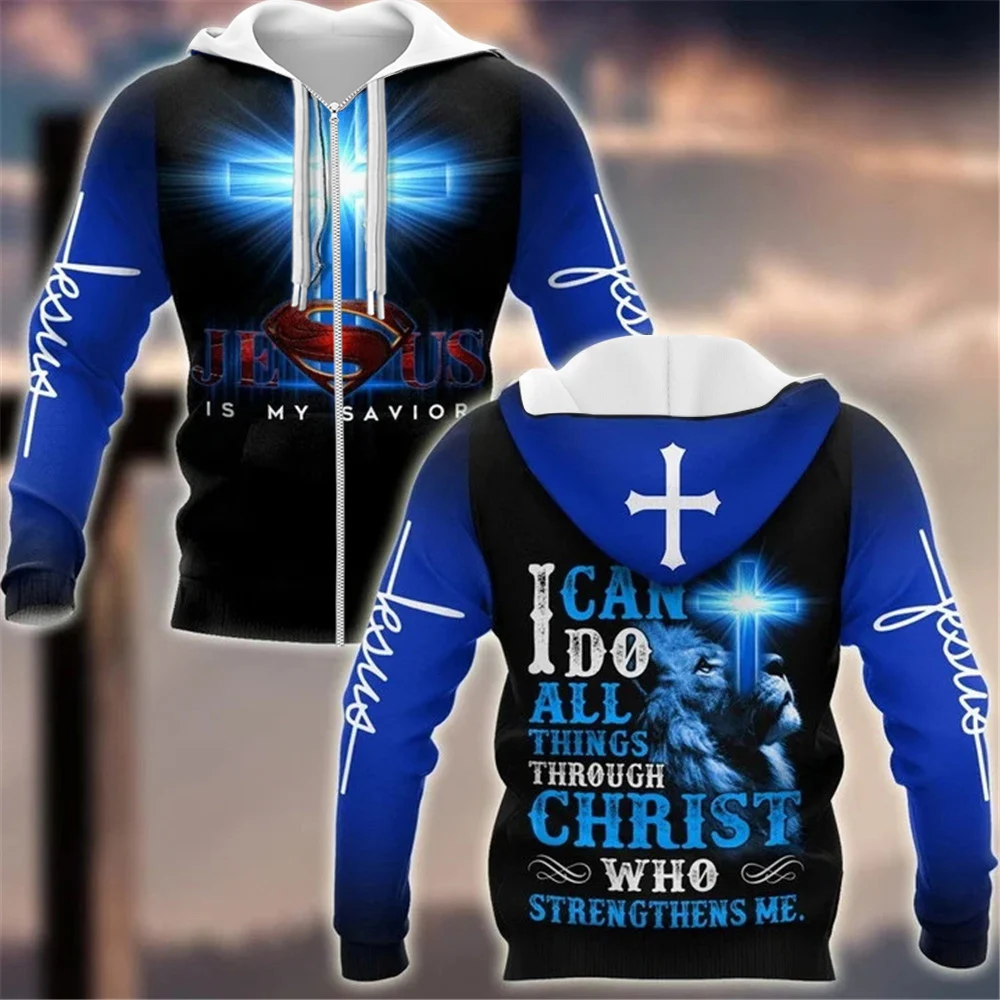 

HX Blue Color Jesus Zip Hoodies Jesus Is My Savior All Over Printed Hoodie 3D Graphic Sweatshirt Casual Sportswear