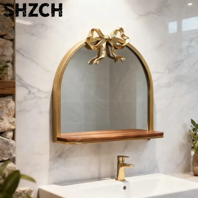 Vintage Arched Gold Mirror Antique Vanity Wall Mirrors with Storage Shelf Baroque Ornate Bow Decor for Living Room, Bathroom