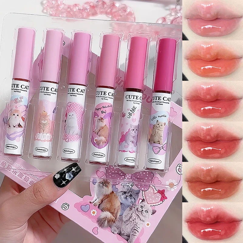 6 Stks/set Schattige Kat Spiegel Water Lipgloss Set Rode Tint Voor Lippen Make-Up Langdurige Glas Lip Glazuur Waterdichte Lippenstift Kit