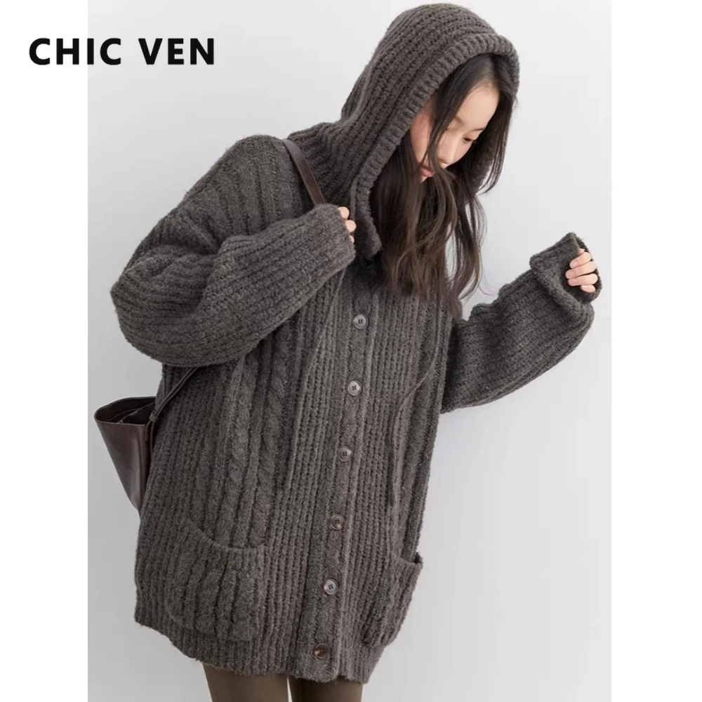 CHIC VEN New Women Sweaters Loose Casual Solid Long Hooded Drawstring Knitting Cardigan Girl Warm Jacket Autumn Winter 2026