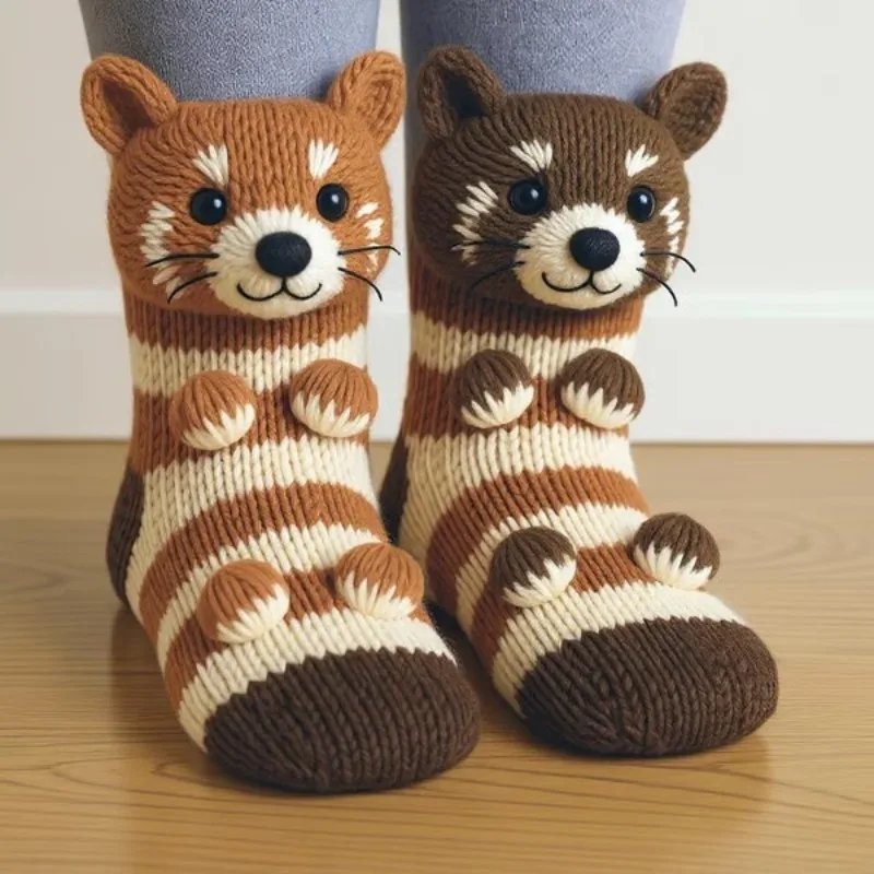 

New 3D Knit Animal Socks Double Layer Warm Funny Socks Hand Crocheted Breathable Middle Tube Socks Christmas Gifts
