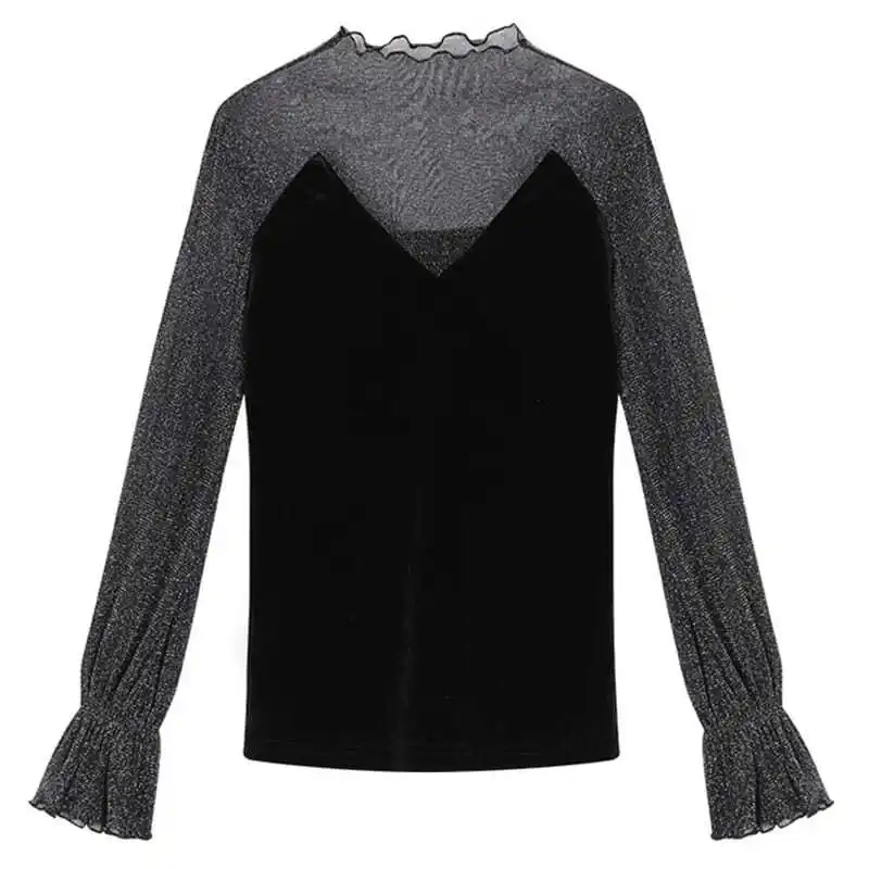 2023 Autumn and Winter Women\'s Solid Gold Velvet Half High Neck Lace Loose Relaxed Fashion Elegant Commuter Long Sleeve Tops