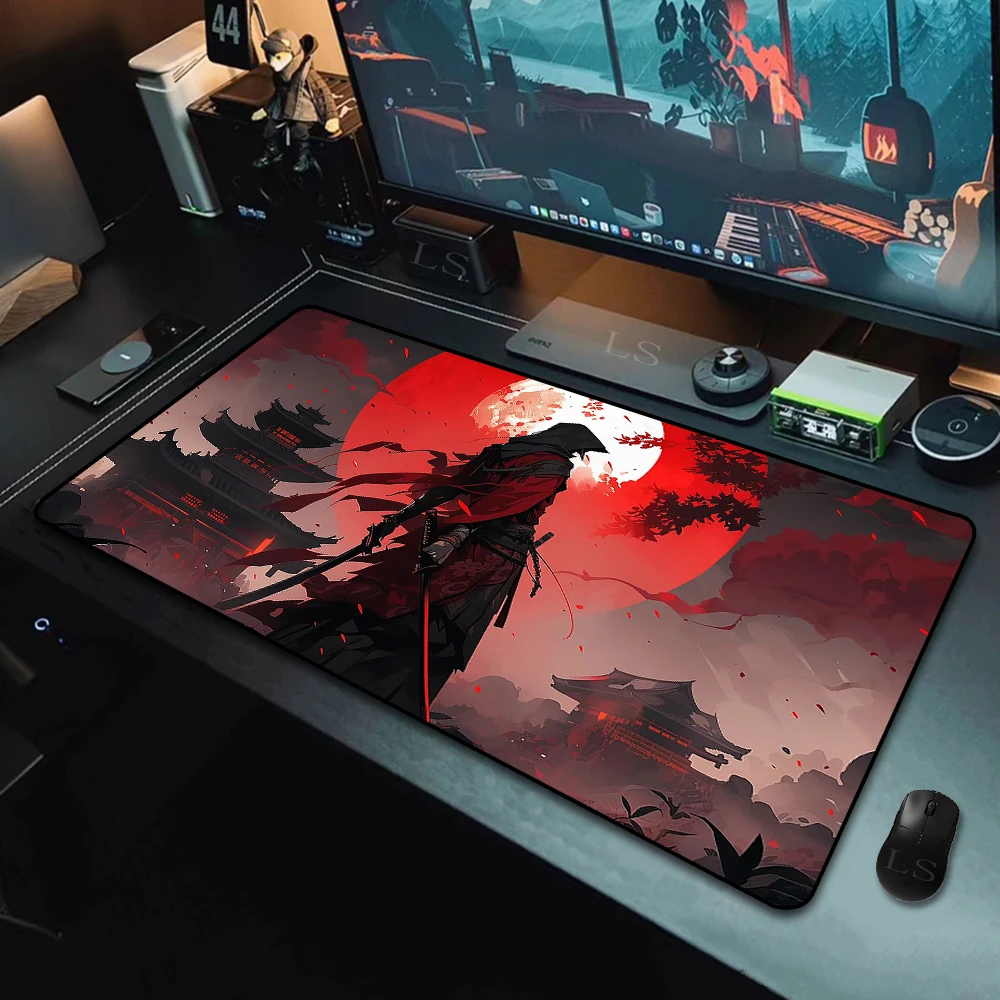 Black Gaming Samurai Oni MousePad Japan Mask Girl Deskmat Large Gamer Professional Premium MouseBpad Speed Control Accessories