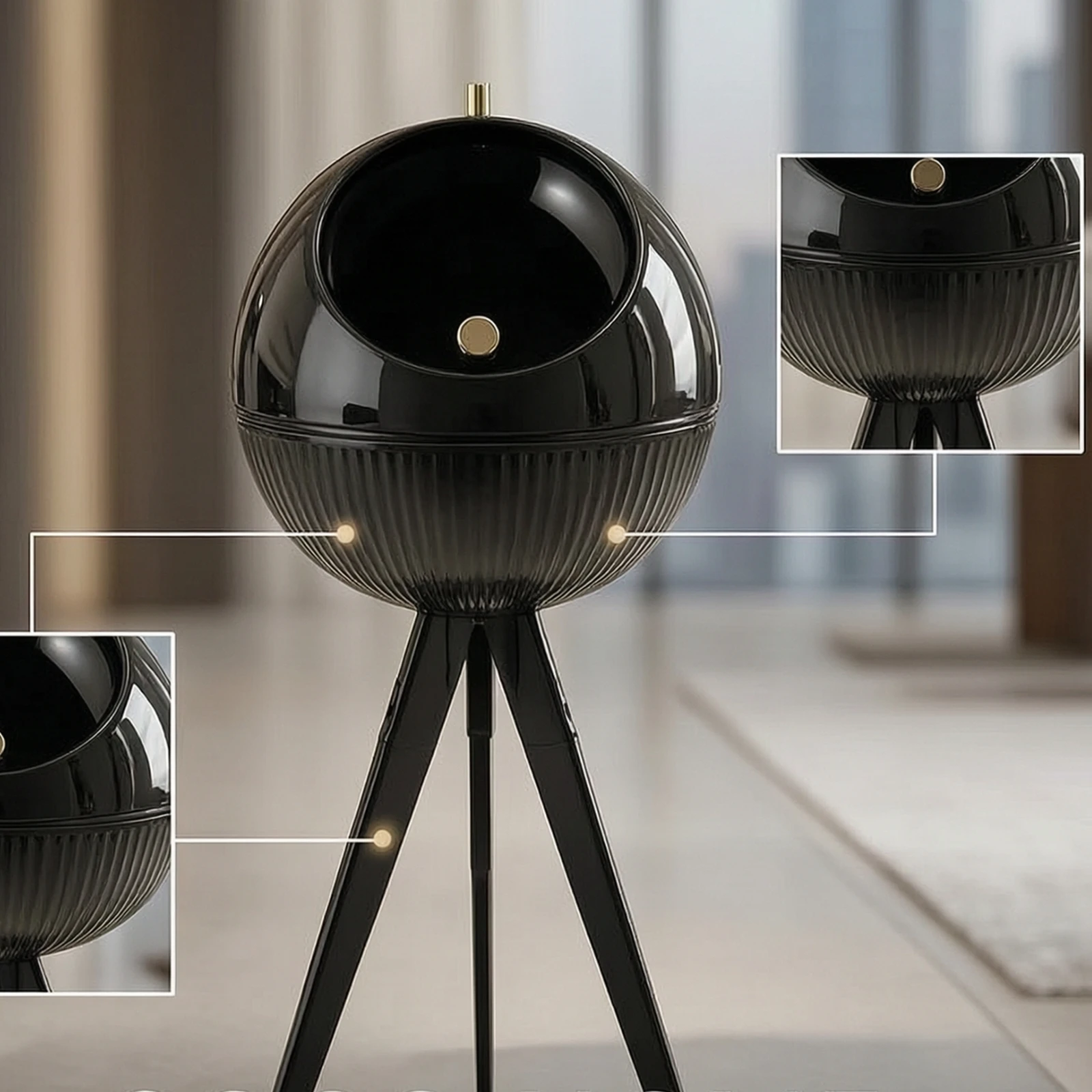 Trash Bin with Legs Spherical Elevated Trash Can Tripod Waste Bin Modern Garbage Can with Lid Raised for Living Room, Bedroom