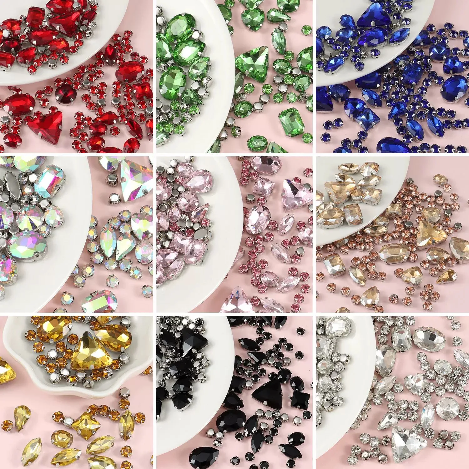 130 PCS Mixed Shapes Glass Rhinestones Sew on Crystal Gems Mental Flatback with Silver Claw for Jewelry Crafts Clothe Shoes