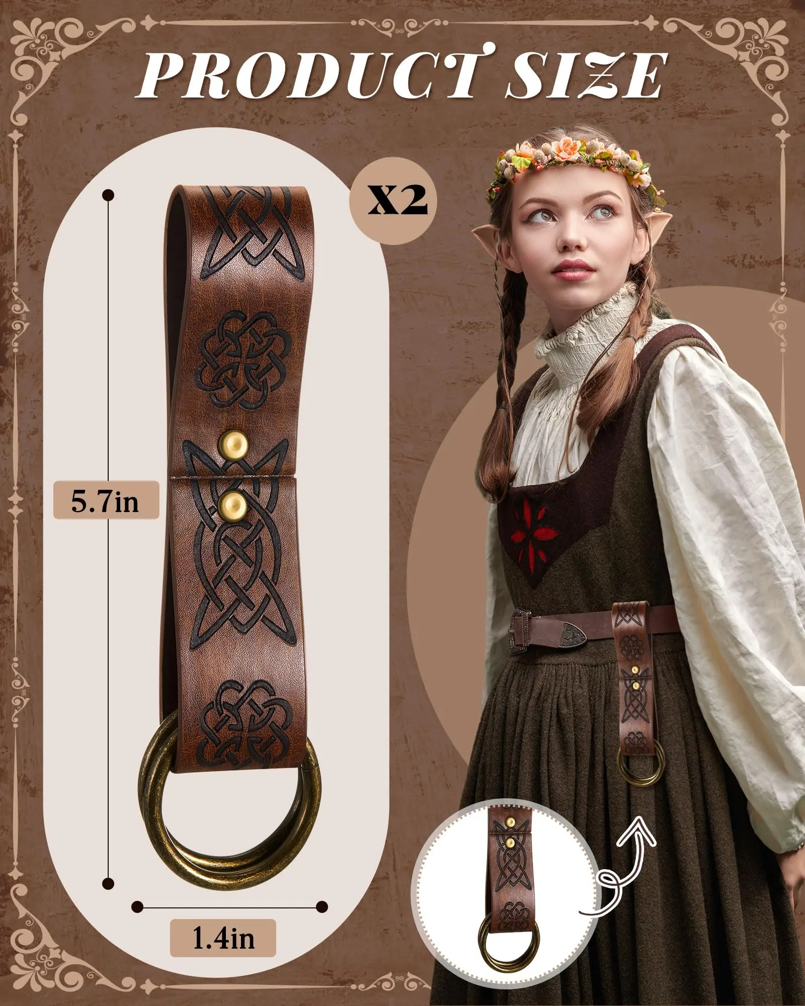 2PCS Viking Skirt Hikes PU Leather Clip,Medieval Waistband Accessory, for Halloween Renaissance