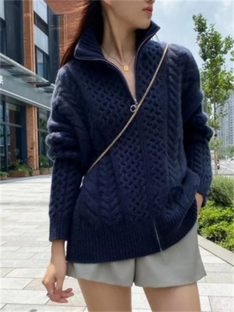 Cardigan en Cachemire Épais à Col Haut pour Femme, Pull Torsadé avec Fermeture Éclair, Manteau Paresseux, Nouvelle Collection Automne Hiver 2022, 2022