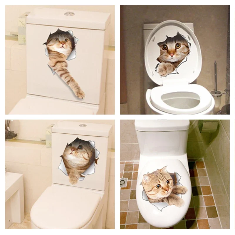 New Cat Vivid 3D Smashed Switch Wall Sticker Bathroom Toilet Kicthen Decorative Decals Funny Animals Decor Poster PVC Mural Art