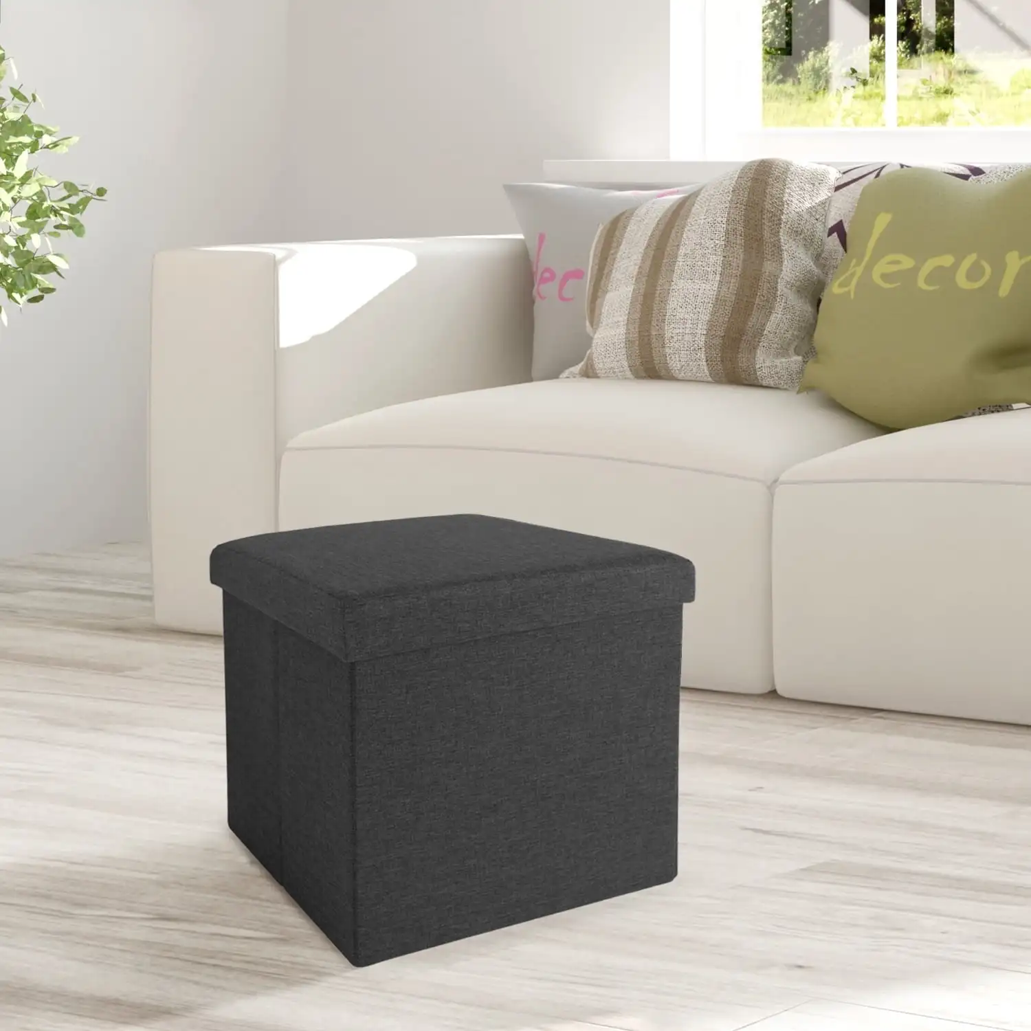 Chaise Repose-pieds de Poitrine de Rangement Caché, Siège Rembourré, Gris Moderne, Cube de 15.7 Pouces