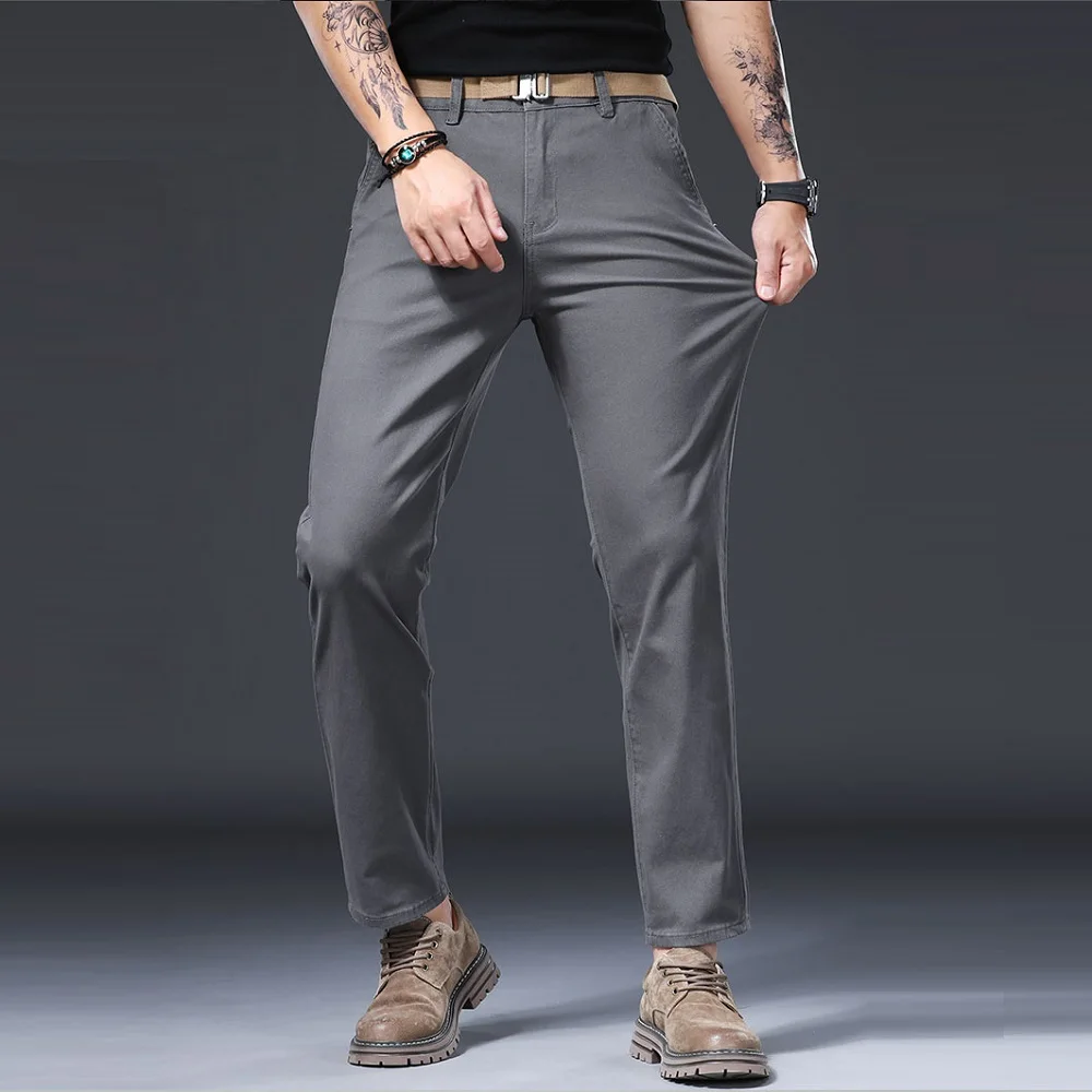 New in Quality Men\'s Pants Casual Straight Cotton Stretch Chino Trouser Male Classic Golf Slacks Formal Business Work Wear Khaki