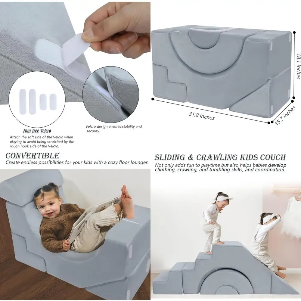 

Convertible Foam Sofa with Slide & Stair for Kids, Playroom and Bedroom Furniture, Washable Cover, Ages 3+, Grey