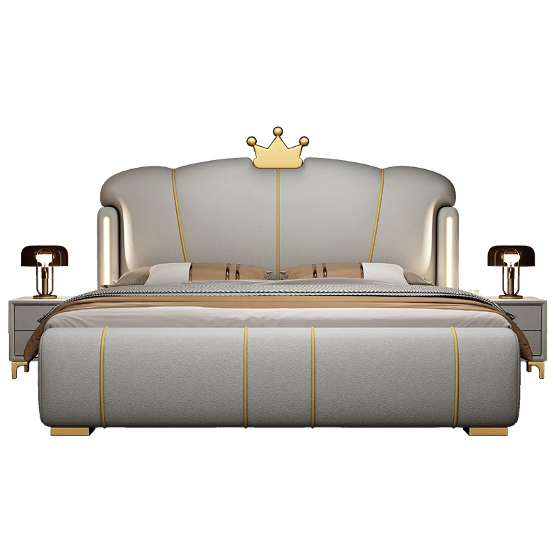 #For Fancy Storage Bed Set Furniture Bedroom Itaian Luxury Soft King Bed with Night Light Modern High End Gray Leather Bed Frame
