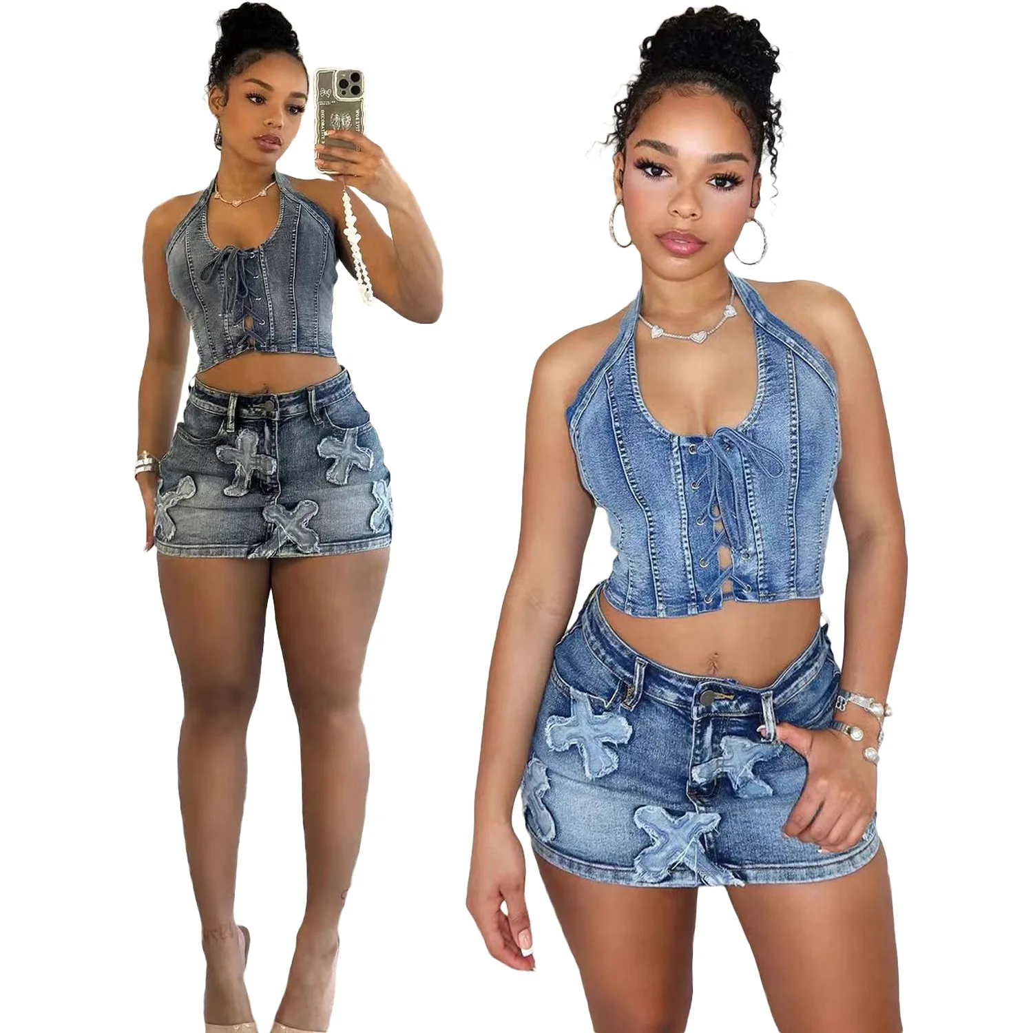 

Summer Sexy Denim Halter Bandage Vest And Embroidery Skirts Women 2 Piece Set Matching Streetwear Women'S Denim Jeans Skirts Set