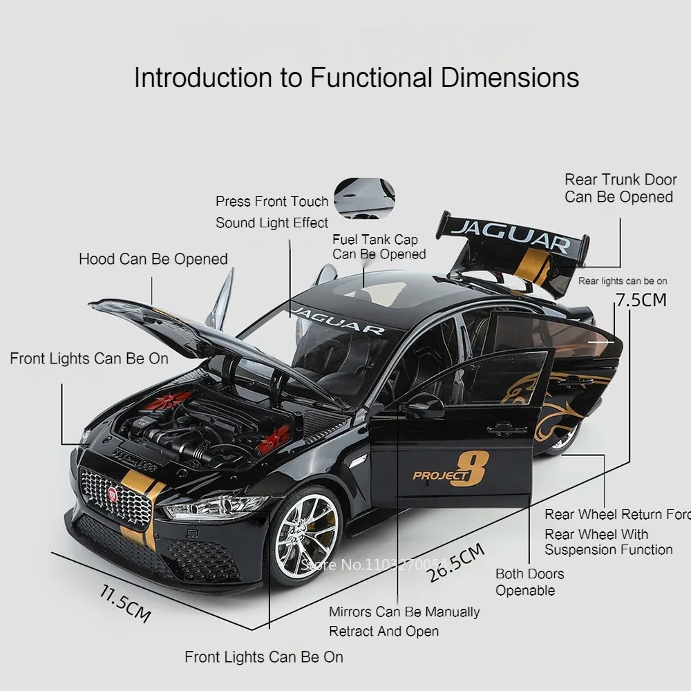 Large 1/18 JAGUAR XE SV Project 8 Toy Model Car Diecast Alloy Sports Car Sound Light Pull Back 6 Door Opened Toys Gifts for Kids