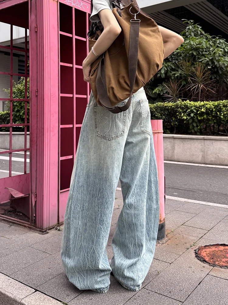 

URKR джинсовые брюки с текстурой и буквами и стразами, свободные широкие винтажные американские брюки длиной до пола, драпированные брюки-ножи