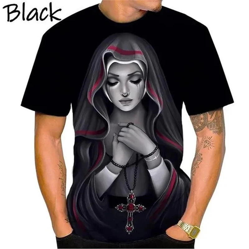 Nuns Pray Personality 3D Printed T-shirt Cross Fashion Casual Round Neck Short-sleeved T-shirts Hip-hop Harajuku Streetwear Tops