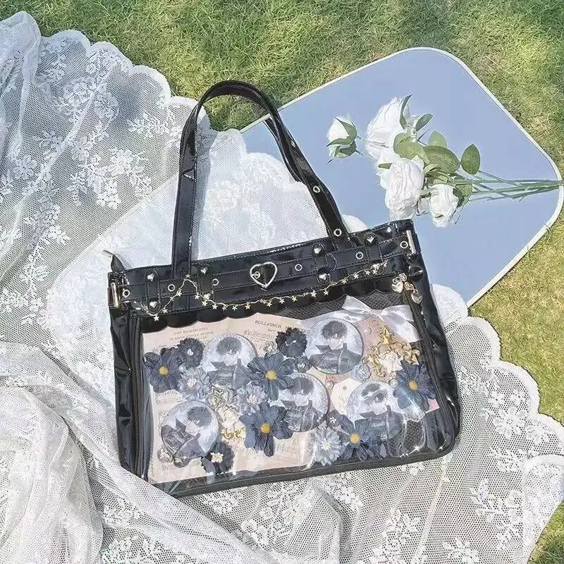 Bloom Japanese Haruku Studded Handbag Women Transparent Anime Ita Ladies Square Large Capacity Leather Shoulder Bag 2025