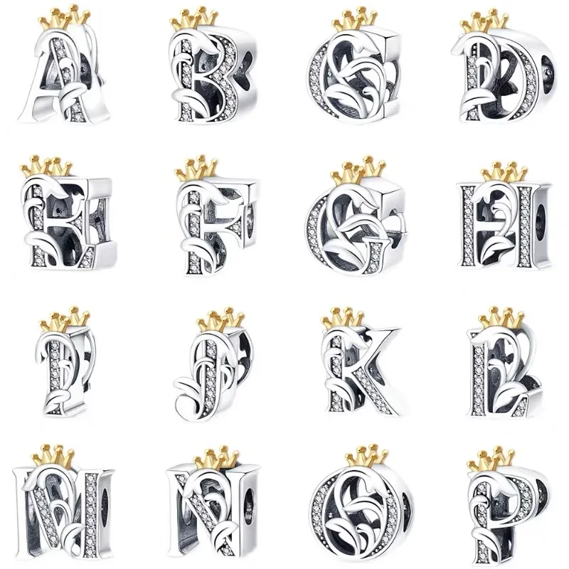 

26 Letters Alphabet Crown Charms Beads Silver 925 Fit Pandora Bracelets Bead for Women Classic DIY Jewelry Gift