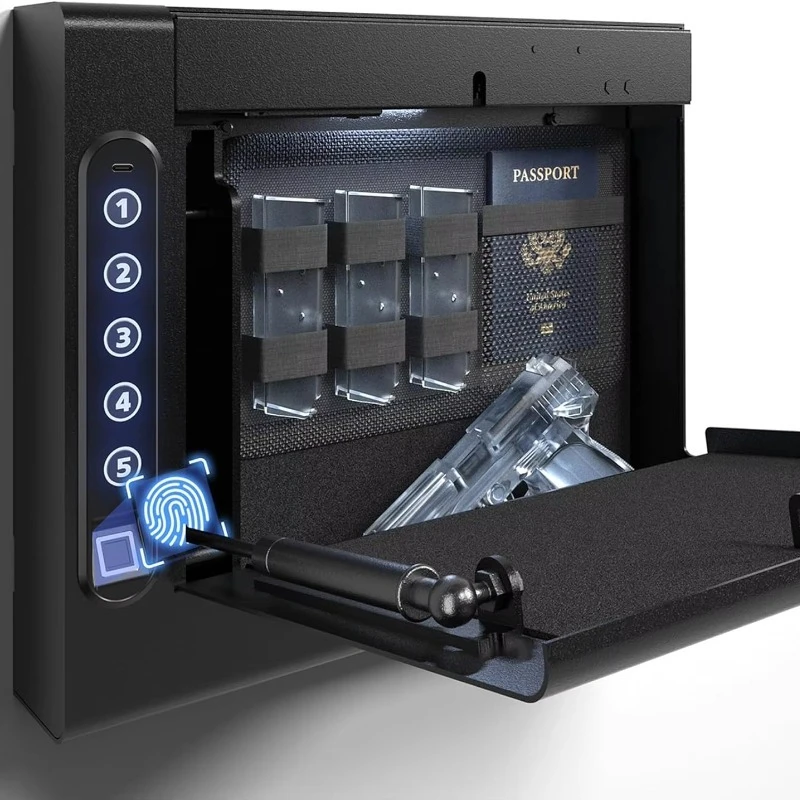 Wall Mounted Gun Safe with Biometric Fingerprint and Digital Keypad for Quick Access Handgun Storage