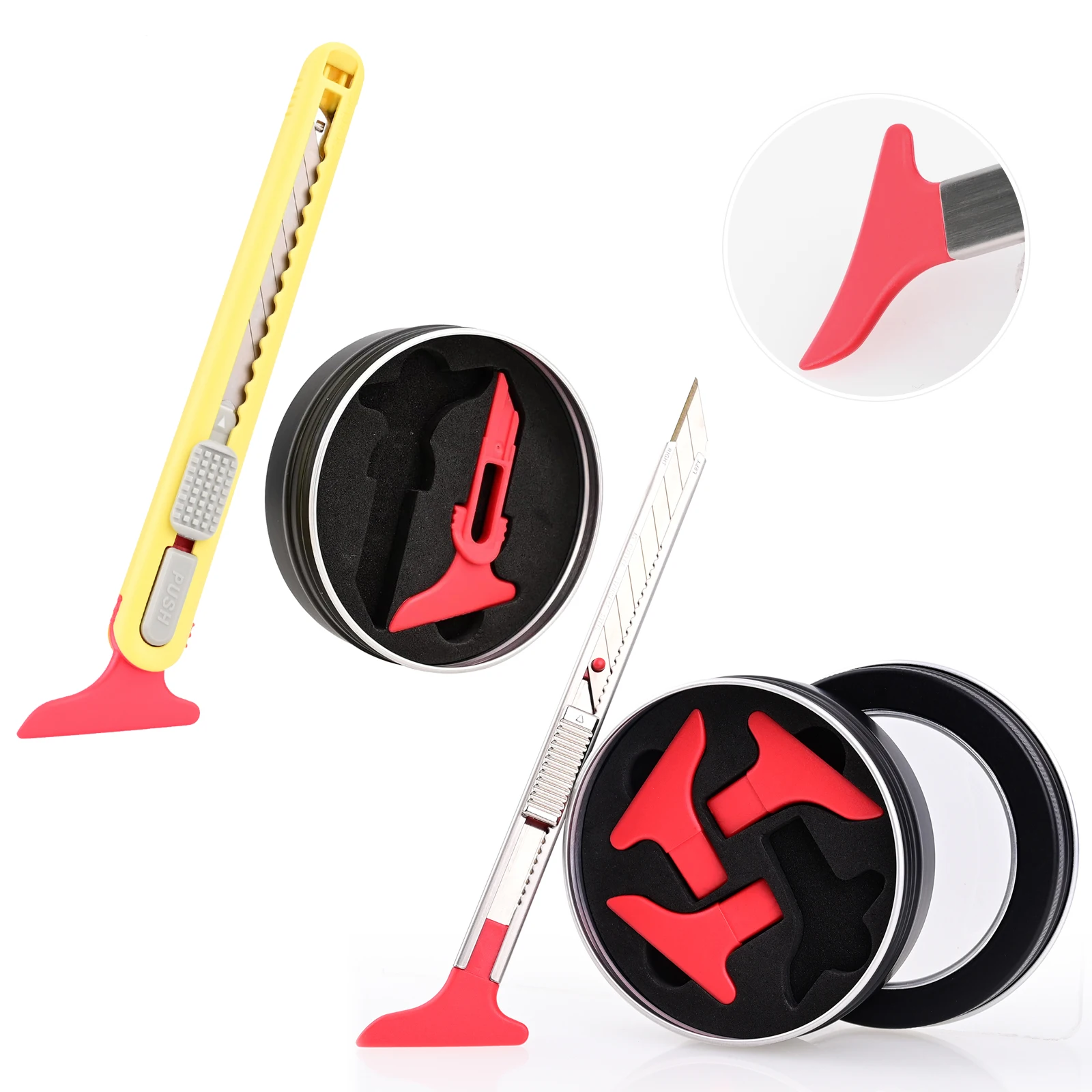 

Набор инструментов EHDIS 2/4 шт.: Выдвижной универсальный нож и мягкий ракель для установки виниловой пленки, защитной пленки (PPF), тонировки окон и работы с швами