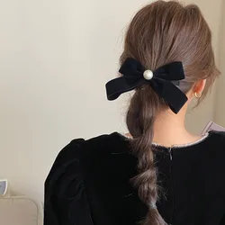 French Retro Black Velvet Pearl Bow Elegant Spring Clip New Back Head Hair Clip Hairpin Women