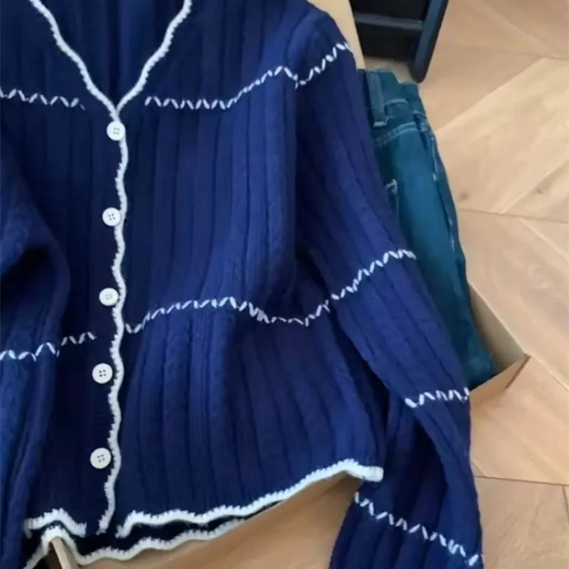 Contrast Color Striped Knitted Cardigan Women Autumn Winter Lazy V Neck Long Sleeve Sweater Simple Versatile Base Tops