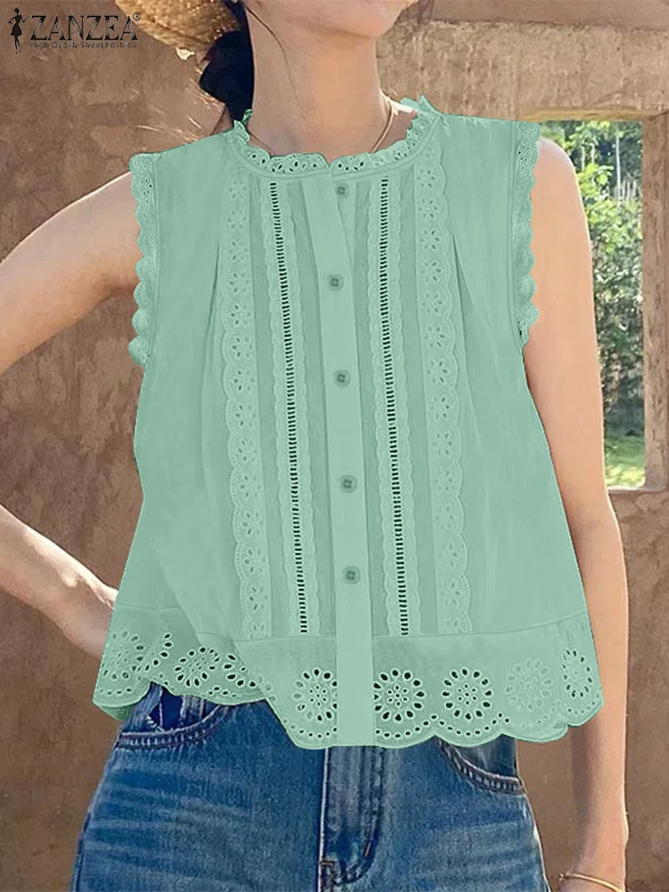 Mode Vakantie Tanks Tops 2025 ZANZEA Zomer Camis Vrouwen Mouwloze Kant Gehaakte Blouse Casual Solid Losse Strand Shirt Oversize