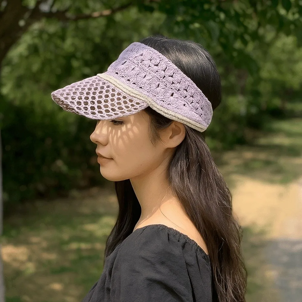 

Casual Sunscreen Crochet Empty Top Cap Sunshade Soft Hollow Out Visor Hat Knitted Foldable Drawstring Hat Streetwear