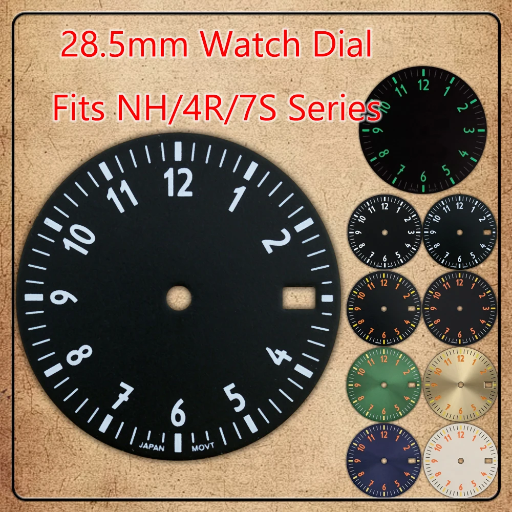 28.5mm Watch Dial Classical Fits NH35 NH36 4R 7S Movements Green Lume Arabic Numerals Mod Replacement Watch Accessories