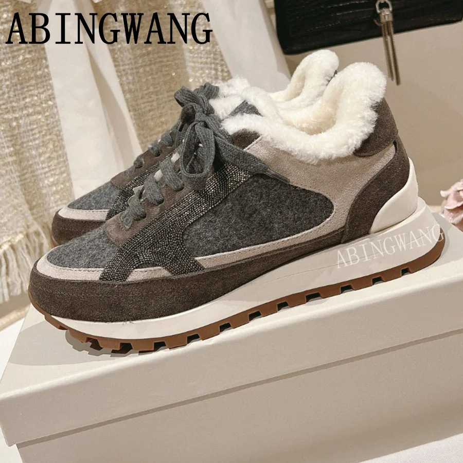 2024 Autumn Winter New Women Sneakers Round Toe Lace Up Warm Shoes Brand Runway Outside Walking Running Flat Causal Shoes Women