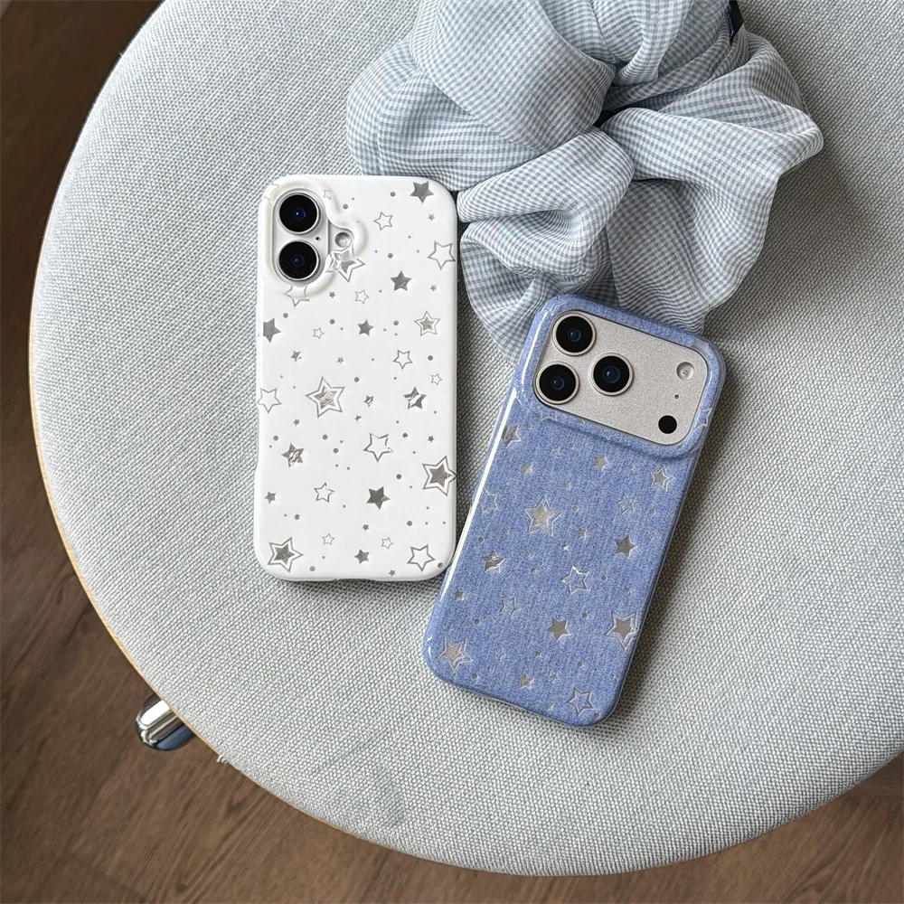 INS Fashion Silver Star Denim Leather Phone case for iPhone 17 16 Pro 15 16 15 Pro 17 Pro Max Cover Korean Cute Shockproof Cases