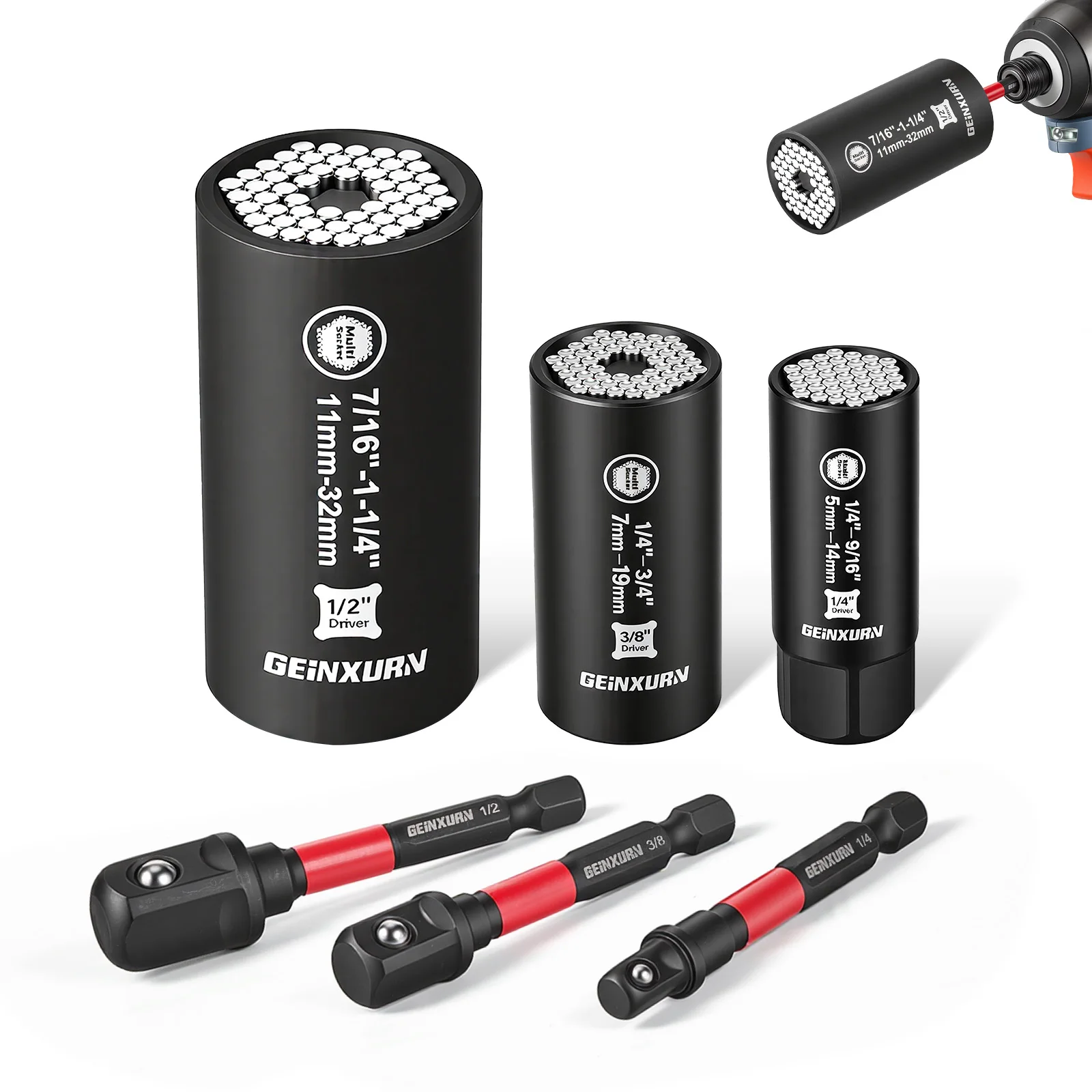 Conjunto de Soquetes Universais Geinxurn, Design em Aço CR-V, Compatível com Todas as Formas e Tamanhos, Kit de Ferramentas Portátil para Reparos