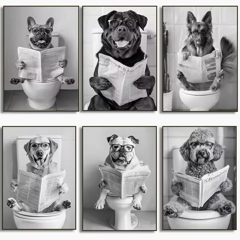 Black and White Wall Art French Bulldog Sitting on Toilet Posters and Prints Corgi in Bathtub Canvas Painting Bathroom Decor