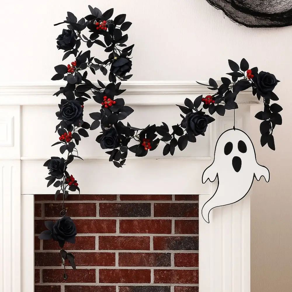 Black Halloween Rose Leaf Vines Simulated Flowers Realistic Artificial Rose Vines 175cm Handmade Halloween Garland