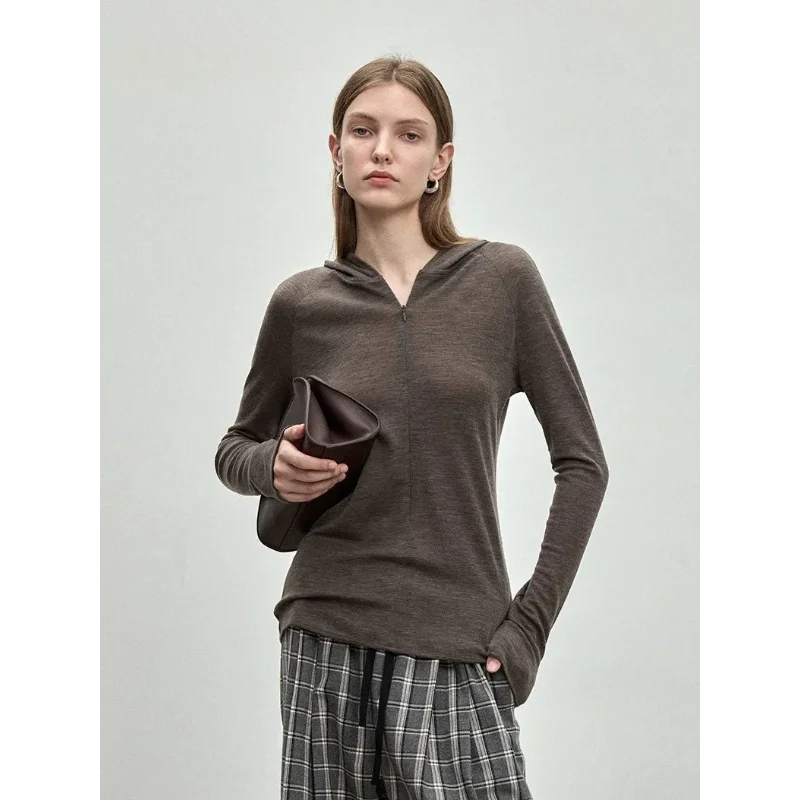 Simple Solid Color Zipper Hooded Top for Women Early Autumn New Style Right Shoulder Slim Bottoming Shirt