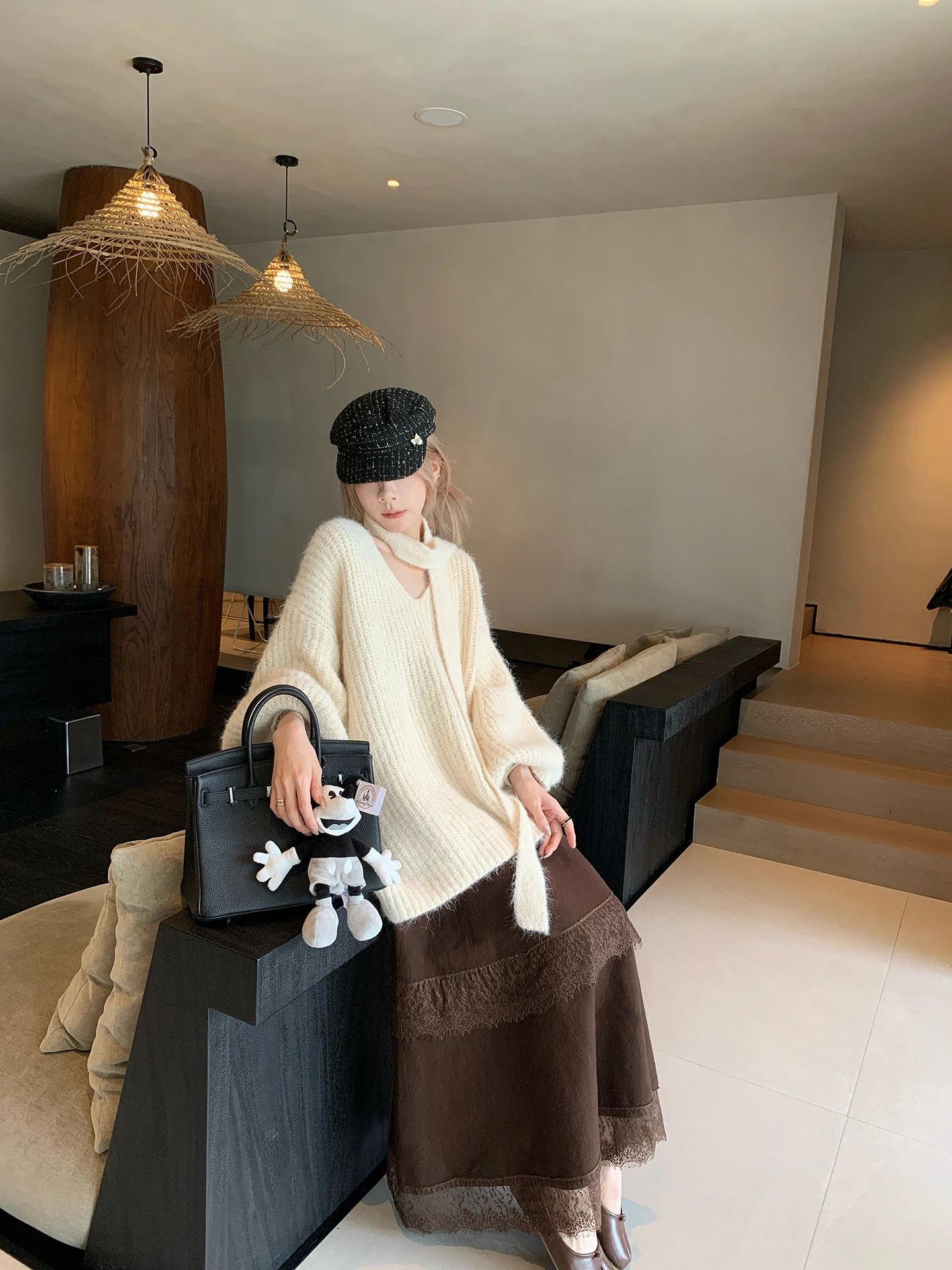 

Lin Chu Lazy Высококачественный вязаный свитер с v-образным вырезом, женский зимний вязаный свитер, свободный мягкий трикотаж с фонариком све, топ