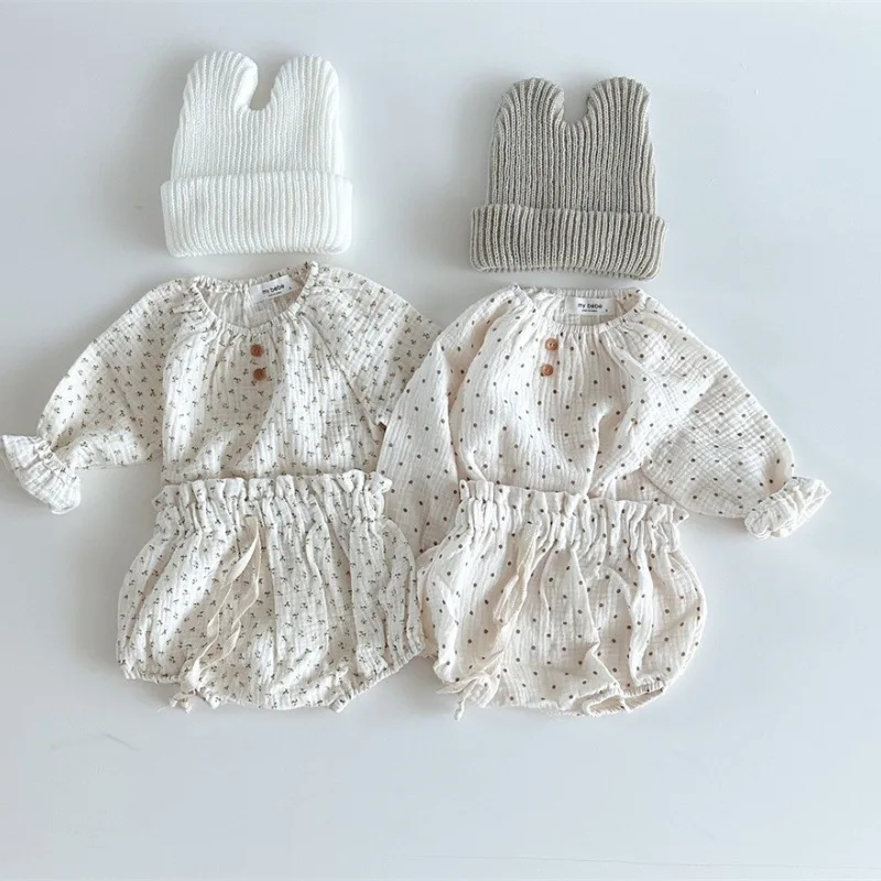 Ins Girl Baby Spring Printed Cotton Wrinkle Cloth Set Korean Version Newborn Loose Top Bread Pants Two Piece Set