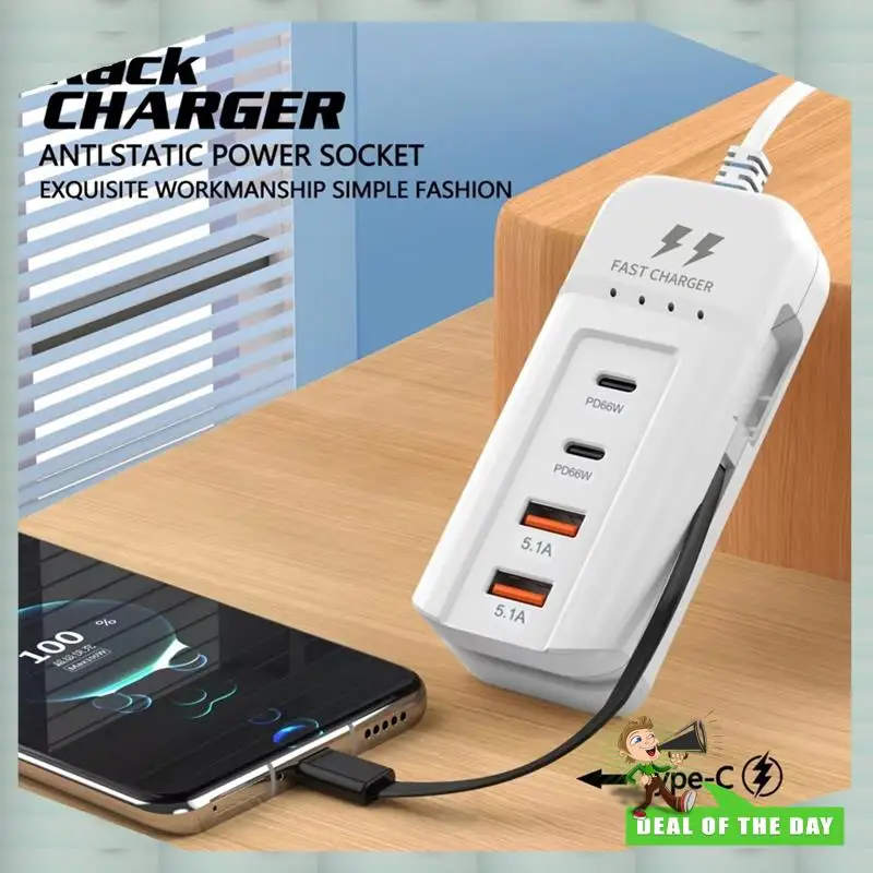 تسليم 24 ساعة USB مهايئ توزيع 4 منافذ USB نوع C تمديد الجدار شاحن 66 واط PD شحن سريع نوع C كابل المقبس المخرج (الاتحاد الأوروبي)