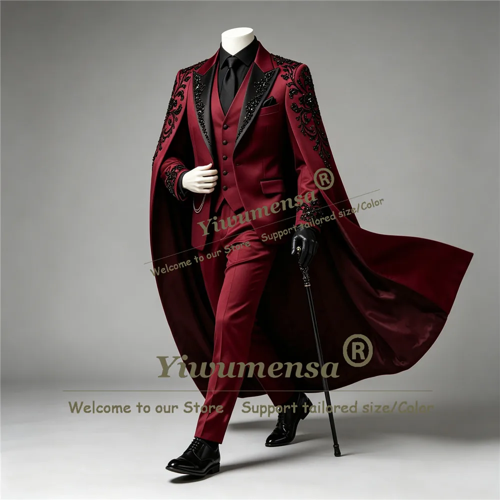 Exclusive Groom Wedding Tuxedo Suit For Men Black Beaded Stones Prom Blazer With Cape Long Customized Man Dinner Party Clothing